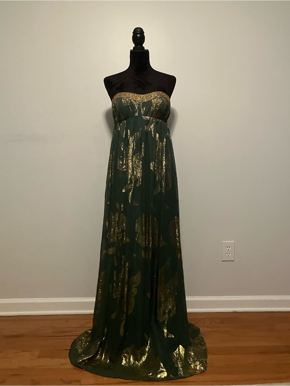 ON HOLD Strapless Green and Gold Maxi Dress